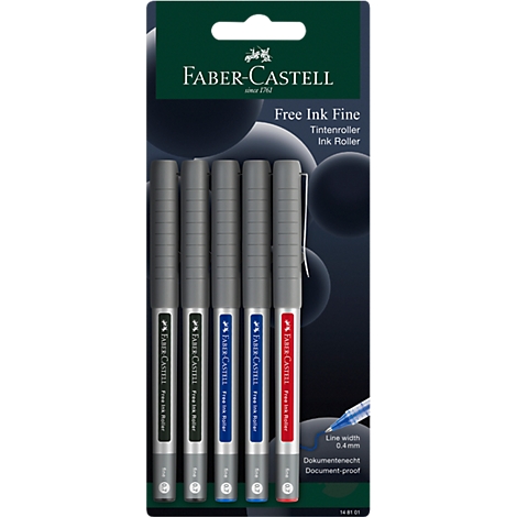 Cinq rollers encre Faber-Castell de différentes couleurs sur un emballage de vente.