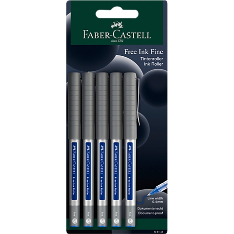 Cinq rollers à encre gris Faber-Castell dans un emballage blister sur fond bleu foncé.