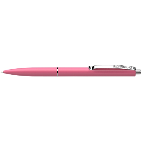 Un stylo à bille rose avec un clip argenté et une inscription.