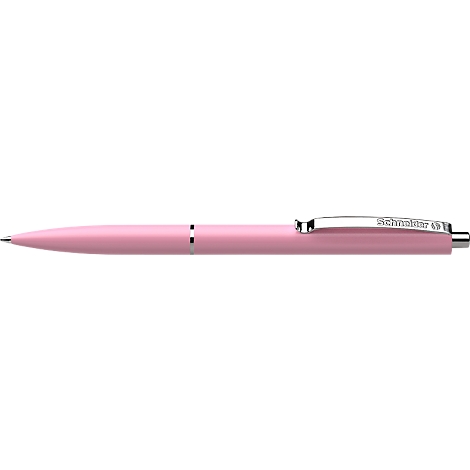 Un stylo à bille rose. La pièce métallique sur l'agrafe porte l'inscription "Schneider".