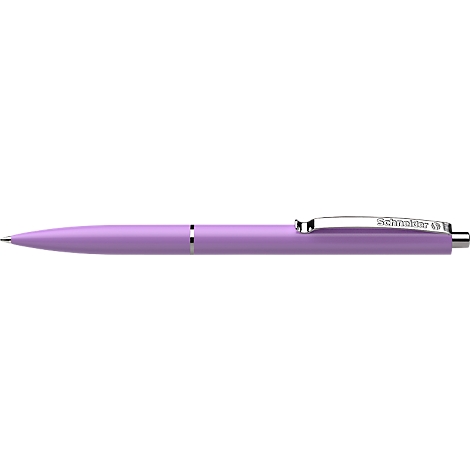 Un stylo à bille violet avec un clip en métal. "Schneider" est écrit sur le clip en petits caractères.