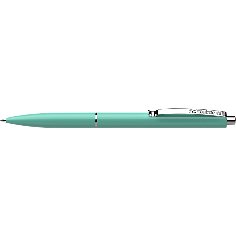 Stylo à bille turquoise, plan rapproché. Schneider est écrit sur le clip.