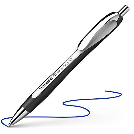 Stylo à bille noir avec ligne bleue, marque Schneider Slider Rave X8.