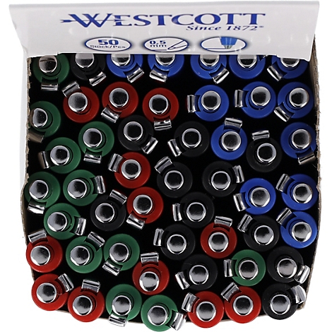 Gros plan sur des stylos à bille avec des bouchons de différentes couleurs dans une boîte. Marque Westcott, 0,5 mm.