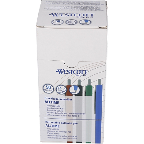 Boîte de stylos à bille rétractables ALLTIME en bleu, vert, rouge et blanc. Texte : WESTCOTT.
