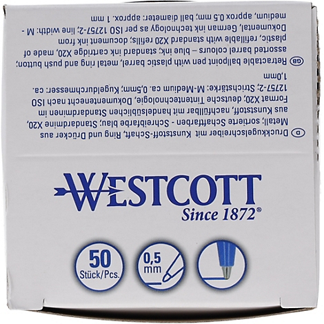 Gros plan d'un emballage de stylo blanc avec lettrage bleu. Le nom WESTCOTT est en haut, suivi de "Since 1872" et d'autres informations.
