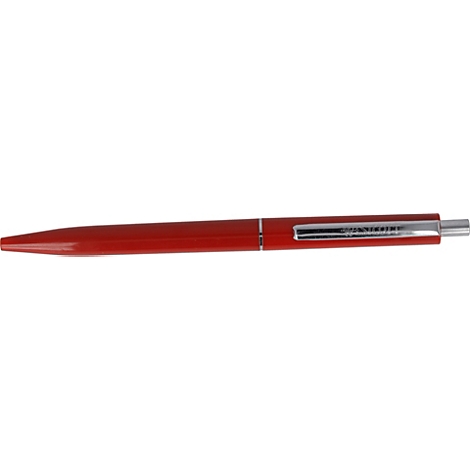 Gros plan d'un stylo à bille rouge avec des accents argentés.