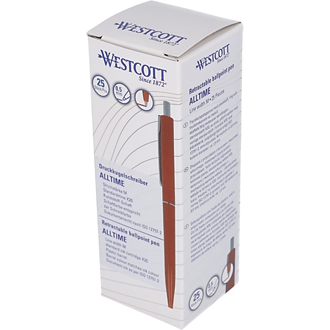 Une boîte avec un stylo à bille marron. La boîte indique Westcott.