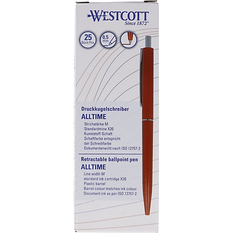 Stylo à bille "ALLTIME" rouge sur fond blanc avec description du produit. Logo "WESTCOTT" en haut.