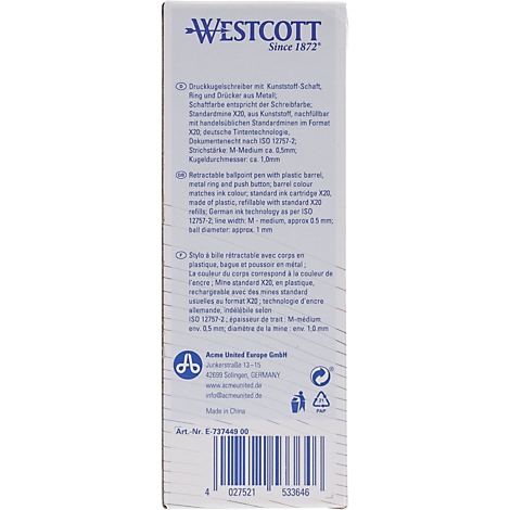 Gros plan sur un emballage de stylo blanc avec du texte bleu indiquant des informations et le logo Westcott.
