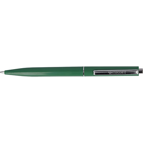 Un stylo à bille vert posé sur une surface blanche. Le stylo a une pointe argentée et un clip argenté avec une inscription.