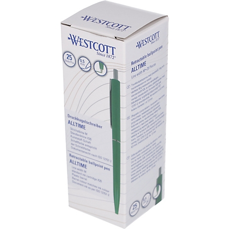 Stylo à bille vert dans une boîte blanche avec le logo "Westcott" et des informations sur le produit.