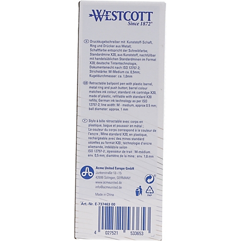 Vue détaillée d'un emballage de stylo blanc avec le logo "WESTCOTT" et des informations sur le produit.