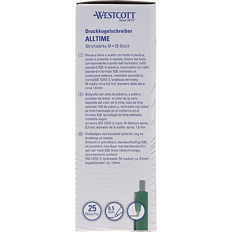 Emballage de stylo vert avec les mots "WESTCOTT ALLTIME". En bas à droite, un stylo et un cercle avec les spécifications "25" et "0,5 mm" peuvent être vus.