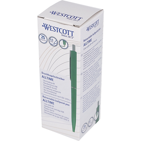 Une boîte avec un stylo à bille vert. Inscription : Westcott, Alltime, 25 pièces, 0,5 mm.