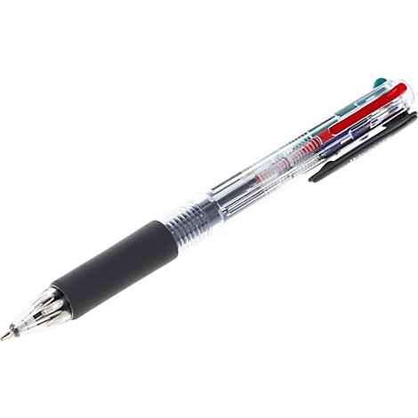 Stylo multicolore avec un corps transparent. Recharges vertes, rouges, bleues et noires sur le dessus.