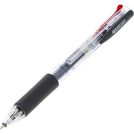 Un stylo multicolore, semi-transparent, avec une poignée noire et l'inscription "WESTCOTT". Quatre couleurs sont visibles en haut.