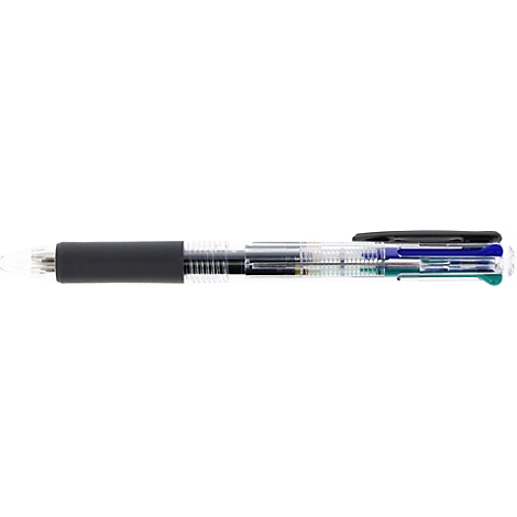 Gros plan d'un stylo à bille transparent avec une prise noire et des cartouches d'encre de différentes couleurs.