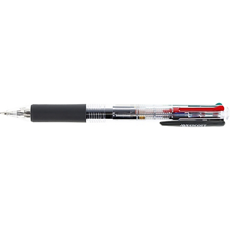 Gros plan sur un stylo à bille multicolore transparent avec des recharges d'encre noires et colorées.