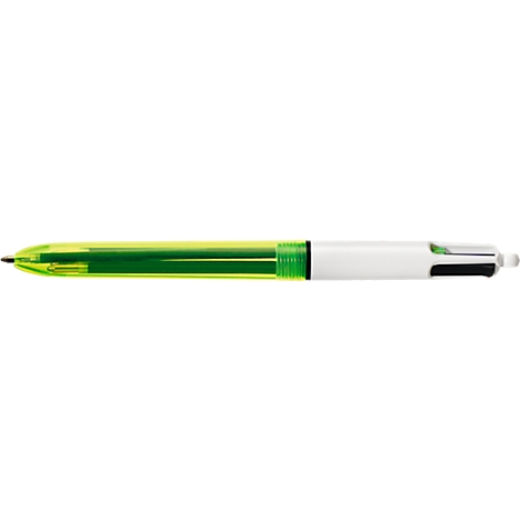 Stylo à bille multicolore avec pointe transparente vert néon et corps blanc.