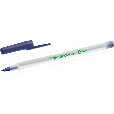 Stylo à bille bleu transparent avec capuchon retiré. Le texte indique 'BIC ecolutions' et '74%' en vert.