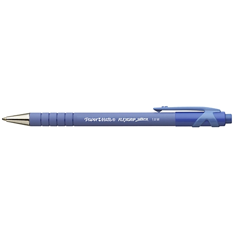 Stylo à bille bleu à pointe argentée. Inscription : Paper Mate Flexgrip Ultra 1.0M.