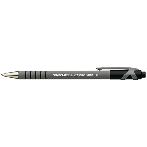 Un stylo à bille gris avec une pointe argentée, une poignée et un clip noirs. Le stylo porte la mention "Paper Mate FLEXGRIP ultra 1.0".