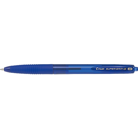 Stylo à bille bleu avec une prise nervurée. Le stylo porte la mention "Pilot Super Grip-G".