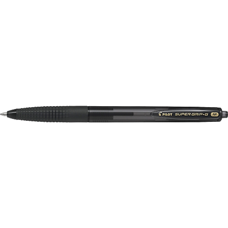 Stylo à bille noir avec zone de préhension rainurée et inscription "PILOT SUPER GRIP-G".