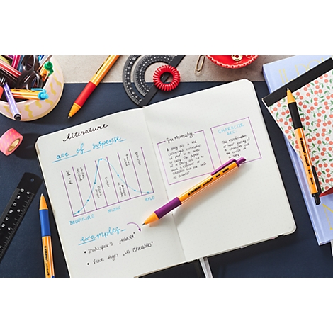 Cahier avec diagramme, texte et stylos sur la table. Stylo touche le texte, des zones de texte avec du contenu.