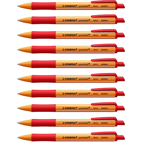 Rangée de stylos Stabilo Pointball orange et rouges. Ils ont un clip rouge et une pointe noire.