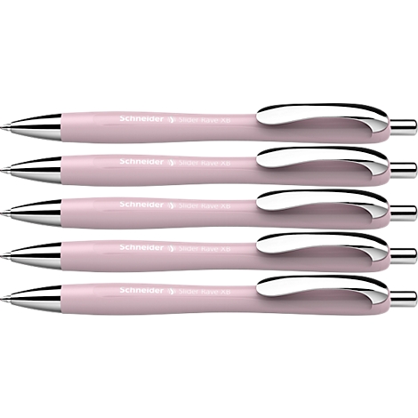 Cinq stylos à bille roses, disposés côte à côte, avec des clips argentés. Chaque stylo porte la mention "Schneider".