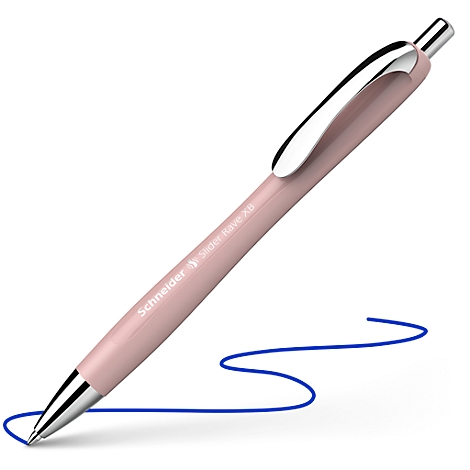 Un stylo à bille rose Schneider dessinant une ligne bleue.