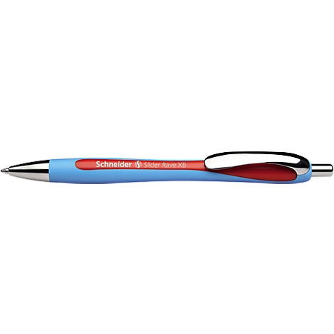 Stylo à bille Schneider bleu avec une poignée rouge et une pointe argentée. Le mot 'Schneider' est imprimé dessus.