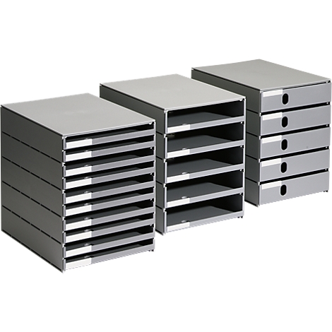 Three gray filing systems with a different number of compartments. Each system has a smooth surface and a rectangular frame.