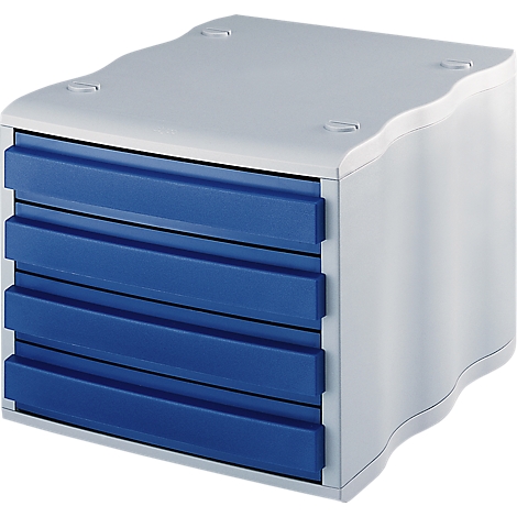 Desk organizer with 4 blue drawers surrounded by a white case, rounded edges.