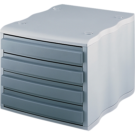 Gray and white drawer cabinet with 5 drawers, slightly curved shape.