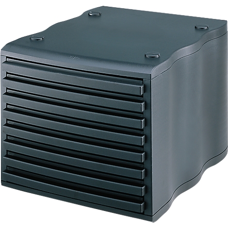 Dark grey drawer cabinet with wavy sides, front with horizontal slats.