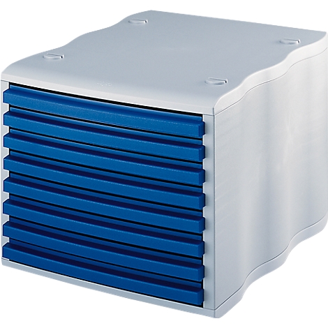 A white and blue drawer system. Blue drawer fronts stand out from a white body.