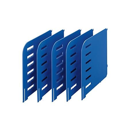 Four blue rectangular document holders with slots on the side stand on a white background.