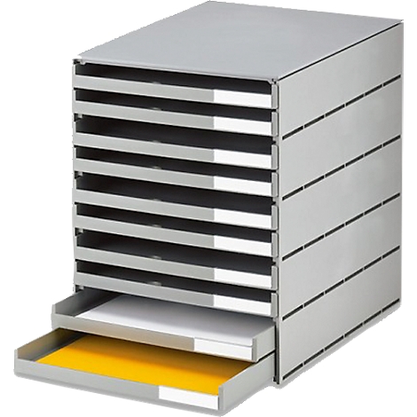 Gray, rectangular paper tray tower with 10 drawers. Two drawers are open; one contains yellow paper, the other white paper.