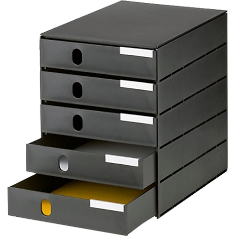 Dark gray drawer cabinet with four drawers, one of them open.