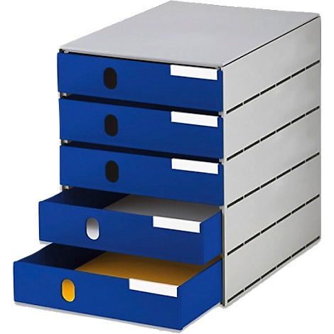 Blue and gray drawer cabinet. Open drawer with yellow content, white labels next to it.