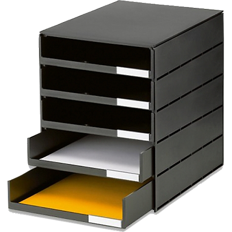 Grey file stacker with five compartments. Two drawers are open. In one, yellow paper, in the other, white paper.