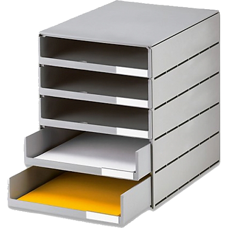 Grijze bureaulade met 5 niveaus, waarvan twee open: één met wit papier, één met geel papier.