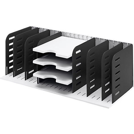 Black and white desk organizer with multiple compartments for documents.