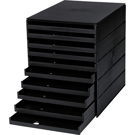 Black drawer system with several open and closed drawers. The drawers are arranged in several rows.