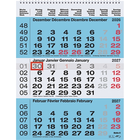 Monatskalender mit Datumsangaben für Dezember 2026, Januar und Februar 2027, der 30. Januar ist rot umrandet.