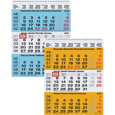 Mehrere Papierkalender mit Datumsanzeigen, die übereinander angeordnet sind. Jahreszahlen 2026, 2027.
