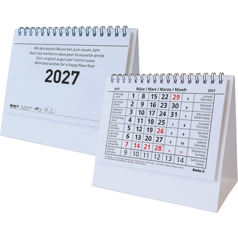 Deux calendriers de bureau blancs avec reliure à spirale. L'un montre l'année 2027. L'autre montre mars 2027.